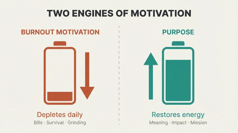 Two batteries side by side: a nearly empty draining battery for burnout motivation and a nearly full charging battery for purpose.
