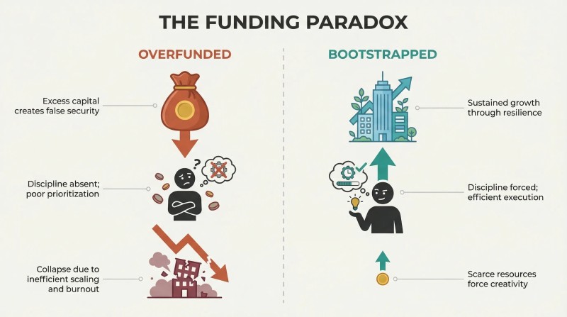 Split panel where a large money bag descends to a small collapsed building on the left while a tiny coin ascends to a tall skyscraper on the right, showing how excess funding leads to failure while bootstrapping leads to growth.