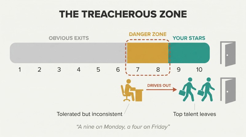 A 1-to-10 performance scale with three color-coded zones shows how tolerating seven-and-eight performers drives away nine-and-ten stars.