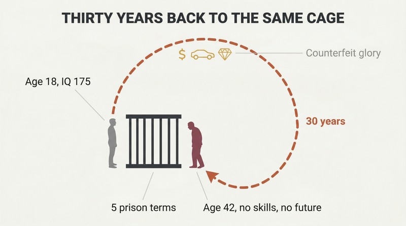 Circular arc showing a 30-year path departing from and returning to the same prison cage, with a young silhouette at the start and an older silhouette at the end.
