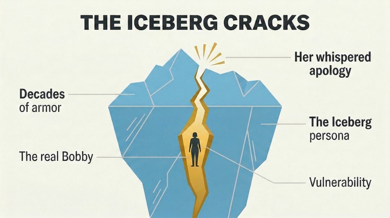 A splitting iceberg shape reveals a warm glowing core inside cold armor, showing how one whispered apology shattered decades of emotional invulnerability.