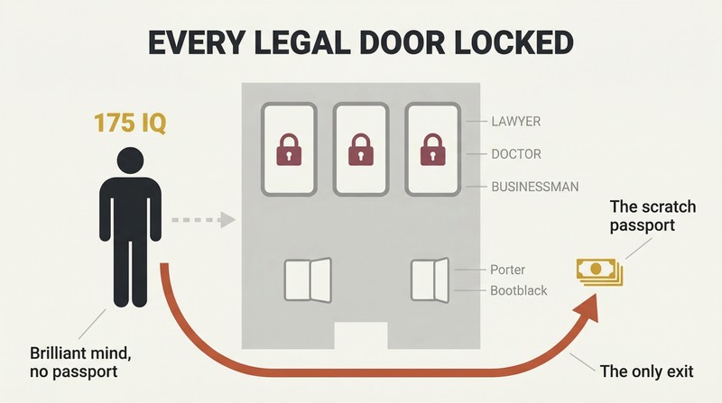 A silhouette with a 175 IQ label faces a wall of padlocked professional doors and tiny menial openings, with one costly path going underneath the barrier.