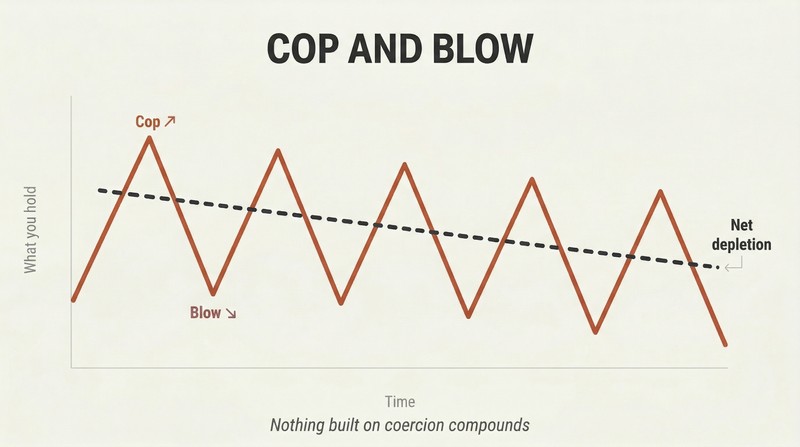 Declining sawtooth wave showing repeated sharp gains followed by sharp losses, with each peak lower than the last, illustrating how coercion-based holdings deplete rather than compound.