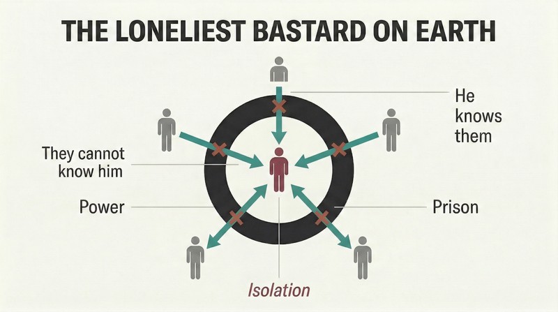 Central silhouette figure enclosed within a thick opaque ring, surrounded by outer figures whose arrows penetrate inward while outward arrows are blocked, showing how one-way knowledge creates total isolation.