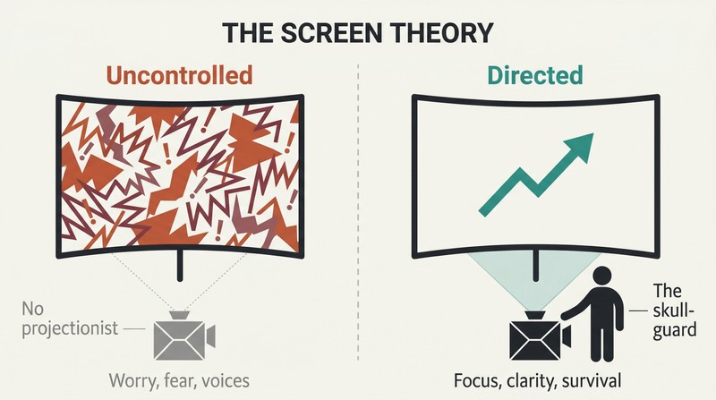 Split panel comparing an uncontrolled mind-screen flooded with chaotic static against a directed mind-screen showing a clear focused image, with a silhouette projectionist in control on the right side.