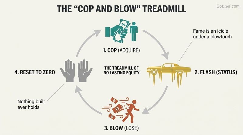 Circular flow diagram depicting the self-defeating "cop and blow" loop: fast acquisition leads to fleeting status, which rapidly drains away to reset at zero.