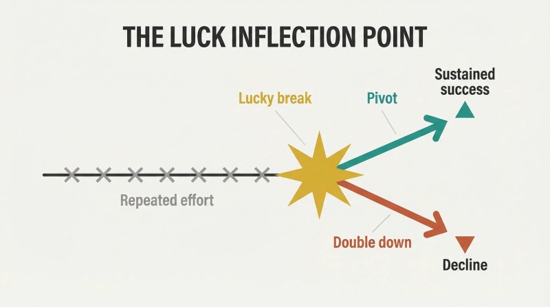 Branching timeline where persistent failed attempts reach a golden breakthrough point, then fork upward toward sustained success through pivoting or downward toward decline through rigidity.