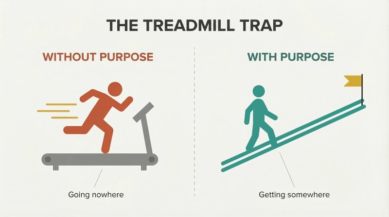 Split comparison of a figure sprinting on a treadmill going nowhere versus walking a purposeful ascending path toward a destination.
