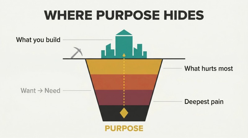 Vertical mining cross-section showing layers of deepening pain below the surface, with a golden purpose nugget at the deepest point and ventures growing upward from it.