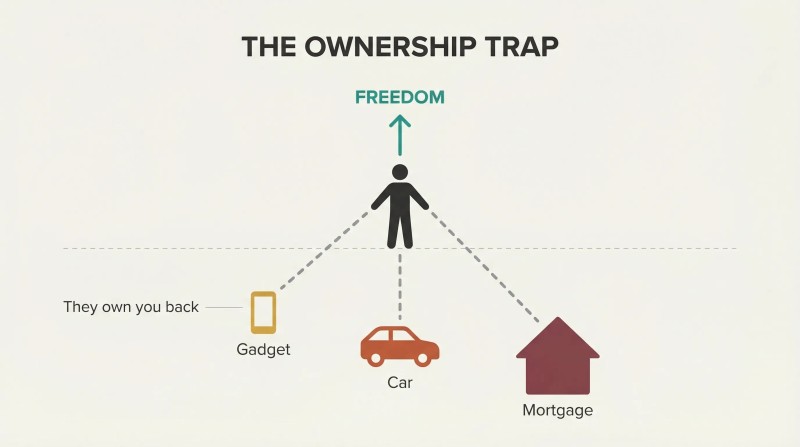 Human silhouette standing on a surface line, tethered by chain-like lines to three increasingly large possessions below, with an upward arrow to freedom shown as unreachable above.