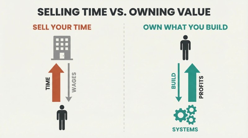 Split panel with mirrored proportional arrows showing a person giving large time for small wages to an employer on the left, versus a person receiving large profits from systems they built on the right.