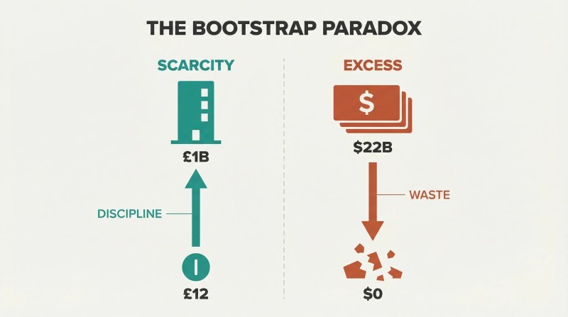 Split panel with opposing trajectories showing a scarcity path ascending from £12 to £1B through discipline while an excess path descends from $22B to $0 through waste.