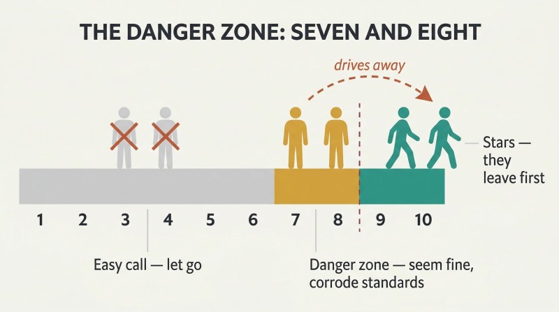 Horizontal performance scale from one to ten with three color-coded zones, showing top-performer silhouettes walking away because mediocre performers in the seven-eight zone are retained.