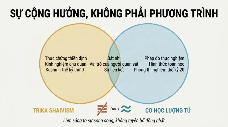 Venn diagram with two mostly separate circles for Trika Shaivism and quantum mechanics, sharing only a narrow overlap of philosophical themes, with an equals sign crossed out below.