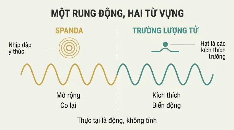 Split panel showing a continuous wave spanning both Spanda consciousness pulsation and quantum field excitations, revealing a shared vibratory foundation of reality.