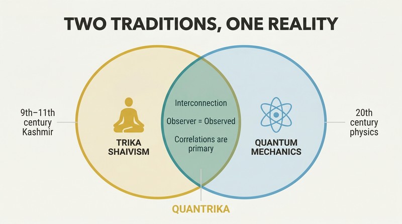 Venn diagram showing Trika Shaivism and quantum mechanics overlapping at shared insights about interconnection, observer-observed unity, and the primacy of correlations.