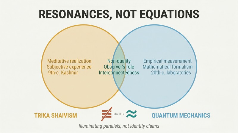 Venn diagram with two mostly separate circles for Trika Shaivism and quantum mechanics, sharing only a narrow overlap of philosophical themes, with an equals sign crossed out below.