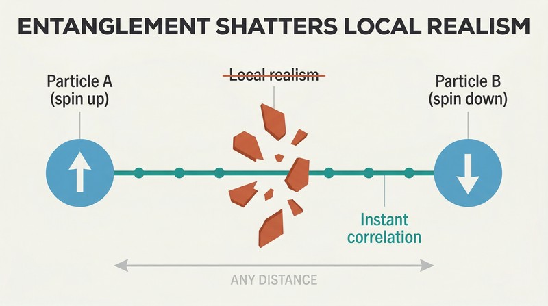 Two entangled particles on opposite sides connected by a bold line passing through a shattered barrier labeled local realism, showing separation as illusion.
