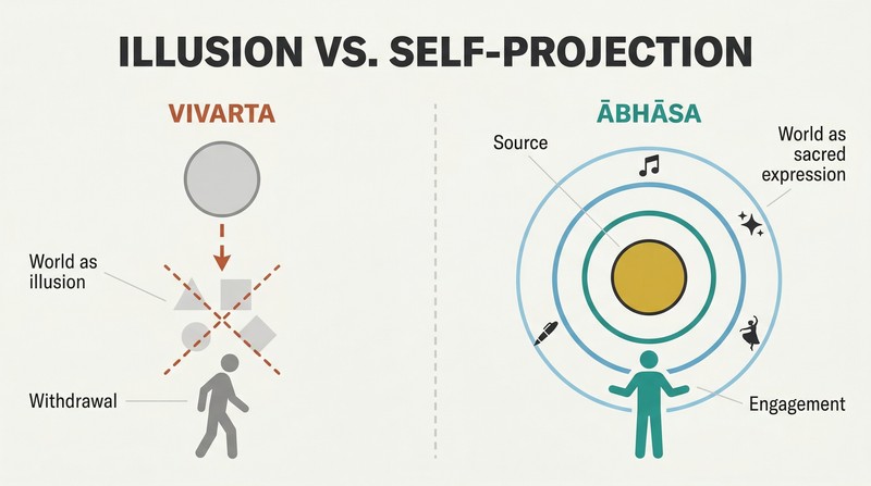 Split panel comparing two views of reality: left shows a faded disconnected world labeled illusion, right shows concentric rings radiating from a source with an engaged figure labeled self-projection.