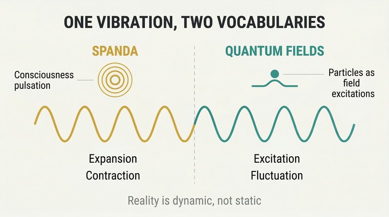 Split panel showing a continuous wave spanning both Spanda consciousness pulsation and quantum field excitations, revealing a shared vibratory foundation of reality.