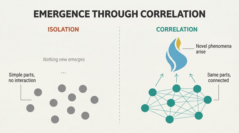 Split comparison showing isolated dots producing nothing on the left versus interconnected dots generating an emergent wave phenomenon on the right.