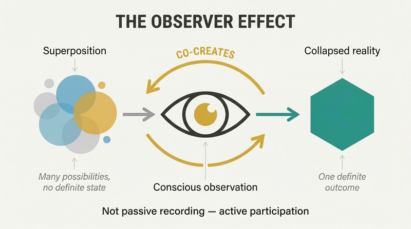 Horizontal transformation showing a probabilistic cloud passing through a central eye symbol to become a crystallized shape, with bidirectional arrows emphasizing mutual co-creation between observer and reality.