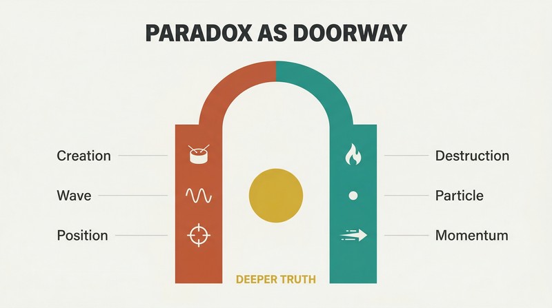 Two pillars of opposing concepts — creation and destruction, wave and particle — form an archway with golden light shining through, showing paradox as a portal to deeper truth.