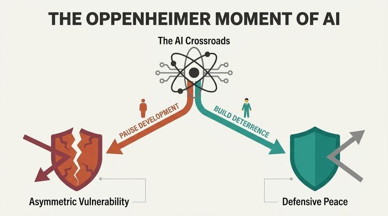 Fork diagram showing how pausing AI development leads to asymmetric vulnerability while building strong AI deterrence ensures stability.