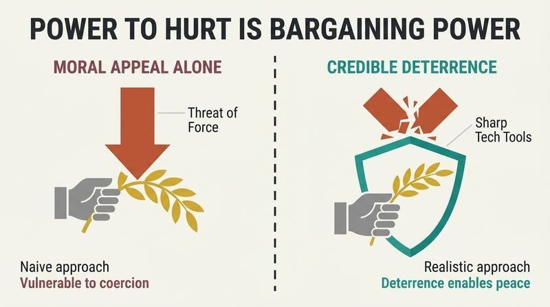 Split-panel diagram contrasting a vulnerable moral appeal alone with secure, credible deterrence backed by sharp technological tools.