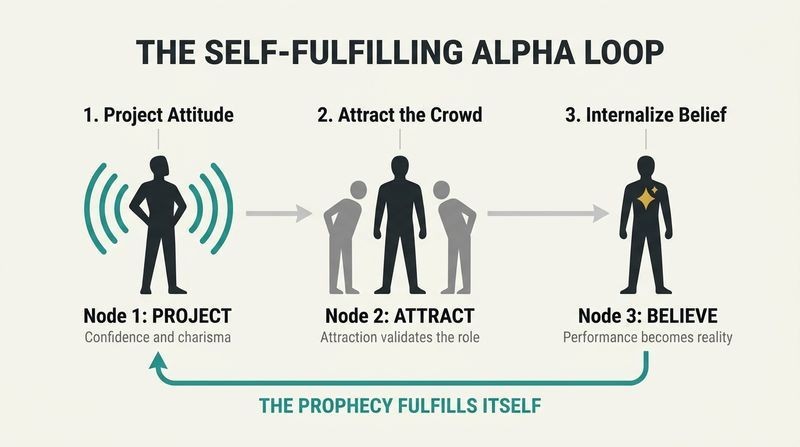 Three-step loop diagram showing how projecting confidence attracts positive social feedback, which then internalizes into genuine belief.