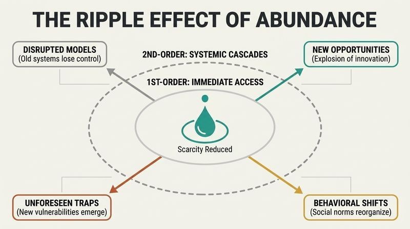 Concentric ripple diagram showing how reducing the scarcity of a core resource triggers immediate first-order availability followed by far-reaching second-order systemic cascades.