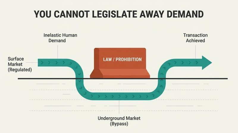 Cross-section diagram showing a surface barrier labeled Law/Prohibition that blocks a pathway, while a fluid stream representing Demand flows underground to bypass it.