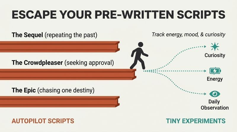 A minimalist vector diagram showing a figure stepping off three rigid terracotta tracks representing autopilot scripts and onto open, flexible teal pathways of active self-observation.
