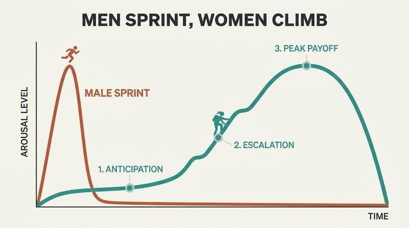 Comparison chart mapping a rapid, direct male arousal curve against a gradual, multi-stage female arousal curve to illustrate the need for paced intimacy.