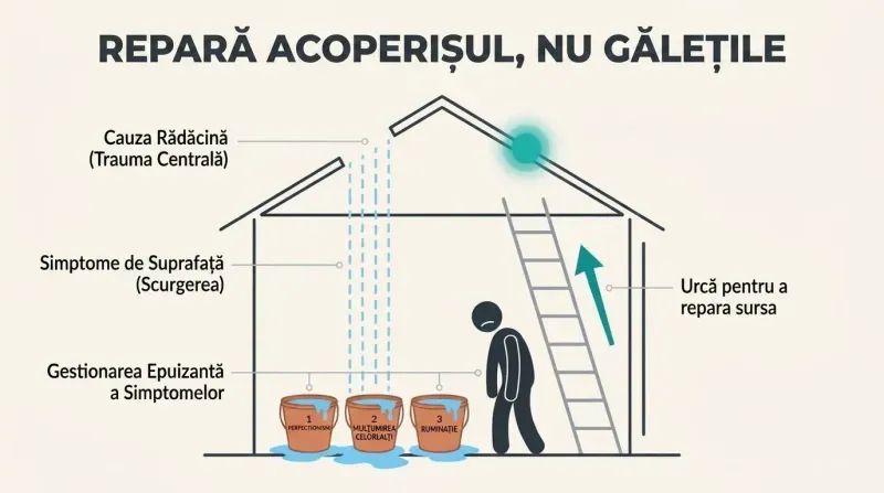 Split-level cross-section of a house showing a hole in the roof leaking water down to overflowing symptom buckets on the floor, contrasting endless symptom management with root-cause healing.