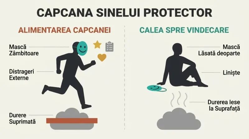 A split-panel diagram showing the contrast between a person wearing an "I'm fine" mask to distract from a buried wound and a person who has dropped the mask to let the core pain safely surface and heal.