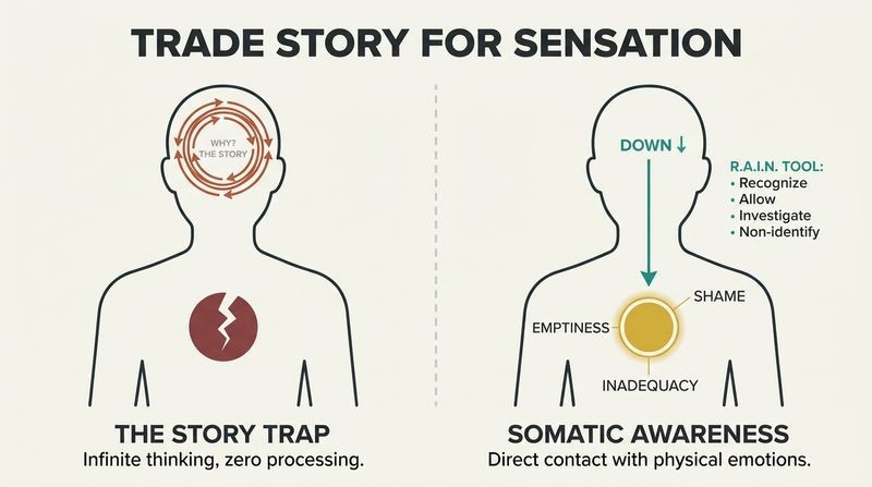 Split-panel diagram contrasting a loop of endless mental analysis with a direct downward path of healing somatic awareness.