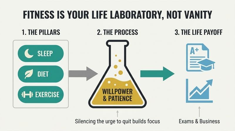 A three-part pipeline diagram showing how the pillars of sleep, diet, and exercise serve as a mental laboratory to distill willpower and patience, which are then applied to succeed in exams and businesses.