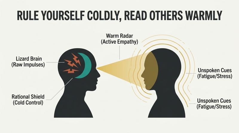 Dual profile diagram illustrating the contrast between cold, logical internal self-control and warm, empathetic reading of another person's feelings.
