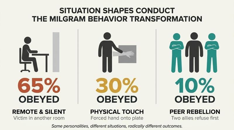 Three-panel diagram comparing how the exact same person's obedience rate drops from 65% to 30% to 10% based purely on changes in proximity and peer support.