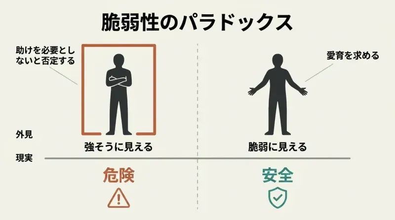 Split panel comparing an armored closed-off figure labeled unsafe beneath the surface against an open vulnerable figure labeled safe, revealing that denying vulnerability creates danger while embracing it creates safety.