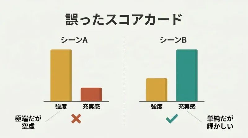 Split comparison showing two paired bar charts where a high-intensity scene scores low on fulfillment while a low-intensity scene scores high, revealing intensity as the wrong metric.