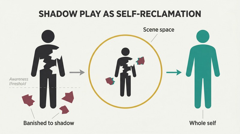 Three-stage transformation showing a fragmented figure separated from its shadow pieces, reuniting within a scene space, and emerging as a whole integrated silhouette.