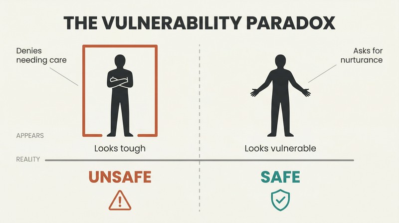 Split panel comparing an armored closed-off figure labeled unsafe beneath the surface against an open vulnerable figure labeled safe, revealing that denying vulnerability creates danger while embracing it creates safety.