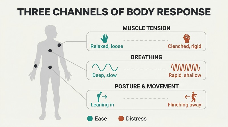 Central human silhouette with three radiating channels — muscle tension, breathing, and posture — each showing ease signals versus distress signals.