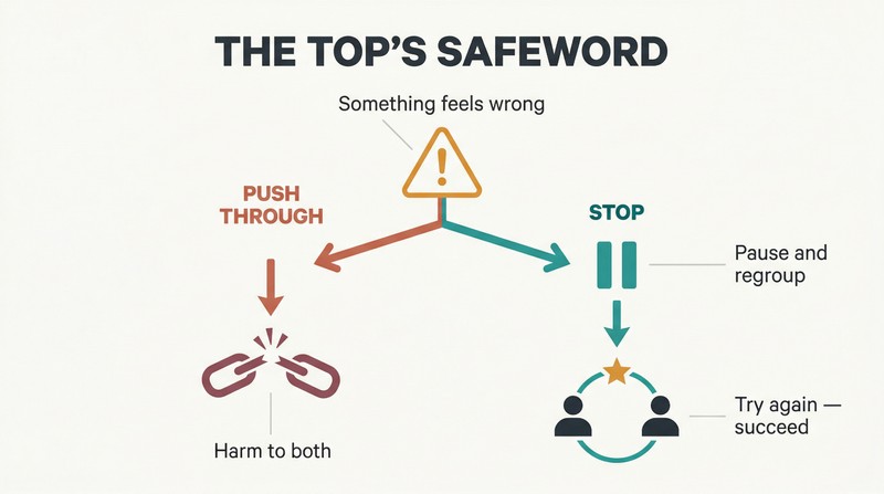 Fork diagram showing how a moment of doubt diverges into pushing through toward harm or stopping and later succeeding.