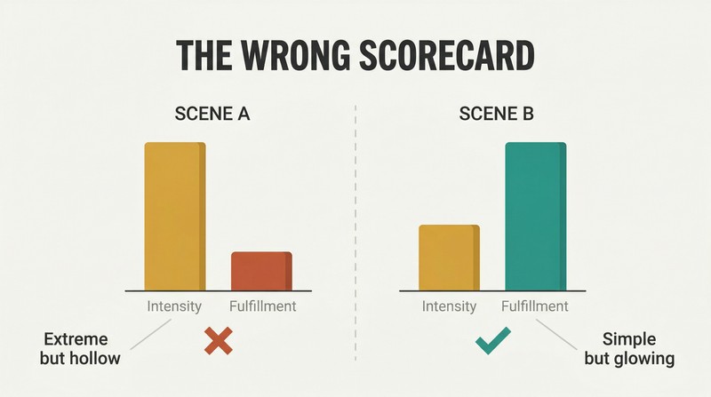 Split comparison showing two paired bar charts where a high-intensity scene scores low on fulfillment while a low-intensity scene scores high, revealing intensity as the wrong metric.