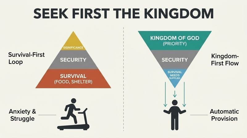 A side-by-side comparison showing Maslow's upright pyramid of survival needs next to an inverted Kingdom pyramid where seeking God first automatically supplies daily needs.