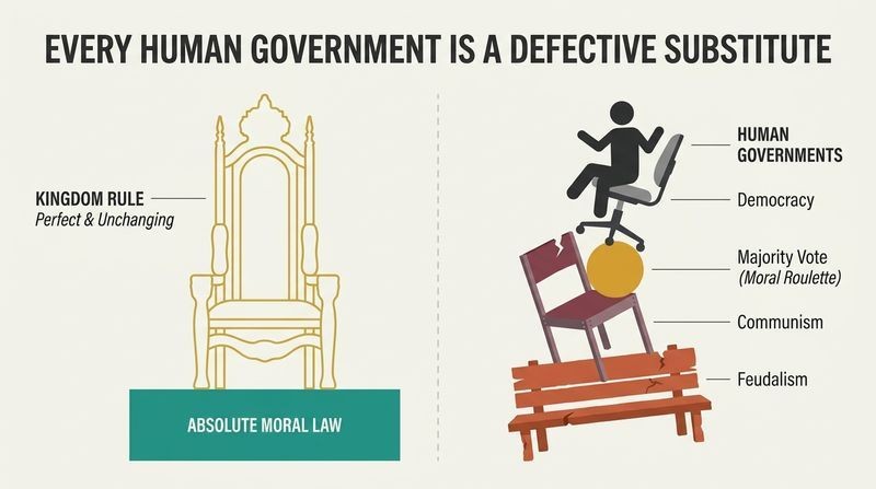 Split panel comparing a grand golden throne representing stable Kingdom Rule with a chaotic stack of mismatched, cracked human chairs representing feudalism, communism, and democracy.