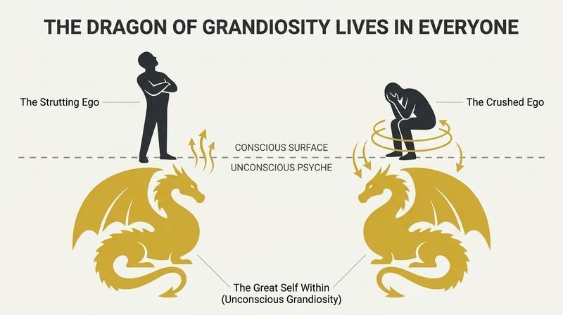 A comparative psychological diagram showing an arrogant figure and a depressed figure above a consciousness line, both harboring an identical, massive golden dragon silhouette below.